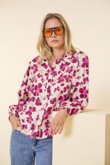 Geisha Blouse Flower Light Sand / Fuchsia