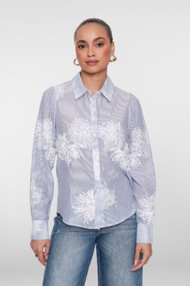 Geisha Blouse Embroiderd Flowers Blue/Offwhite 